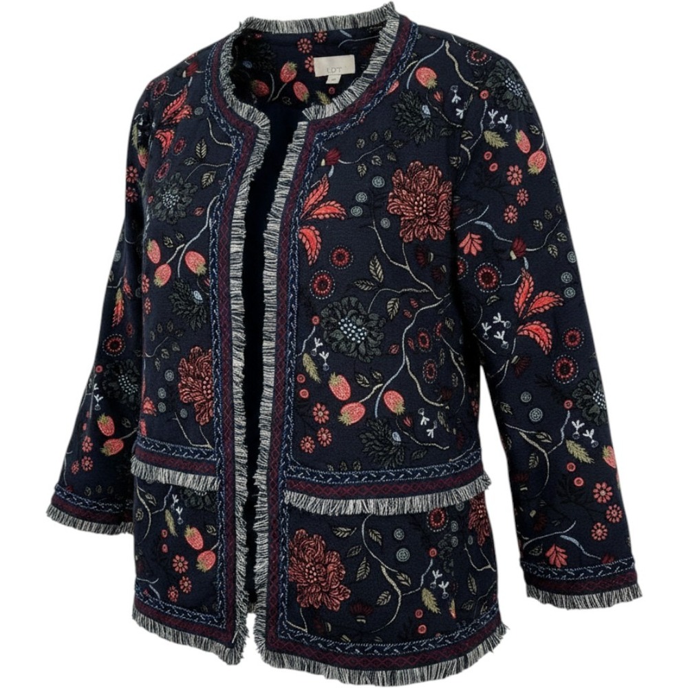 LOFT Bohemian Chic Open Front 3/4 Sleeve Floral Fringed Trim Jacket Strawberries